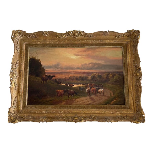 Late 19th Oil on Panel Century Pasture Landscape With Cow Oil Painting, Framed For Sale