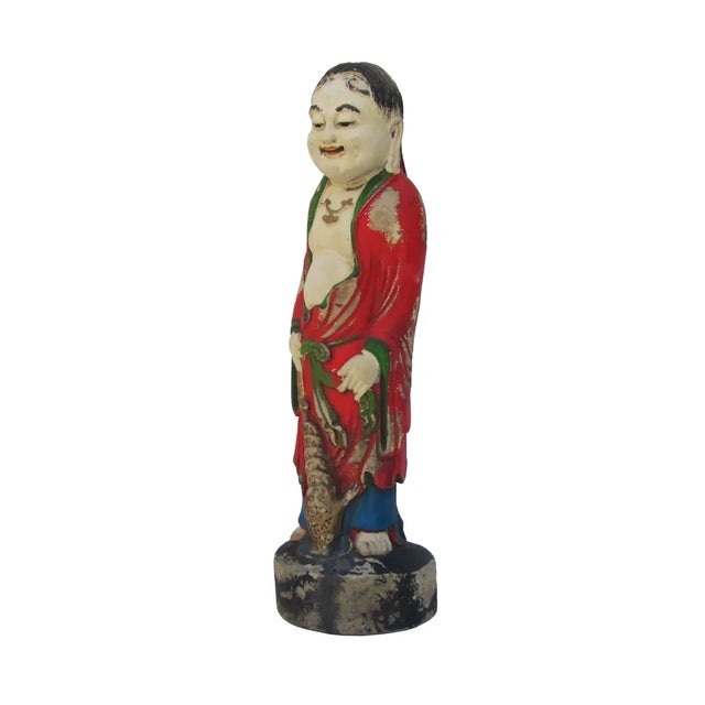 Asian Camphor Wood Standing Treasure God Statue For Sale - Image 3 of 6