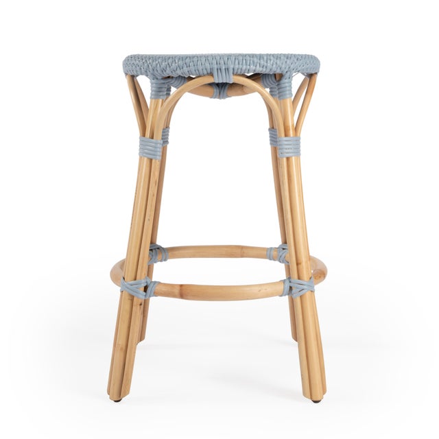 2020s Tobias 24 in. Seat Height Round Rattan Backless Counter Stool, Baby Blue/ Natural Rattan Frame For Sale - Image 5 of 8