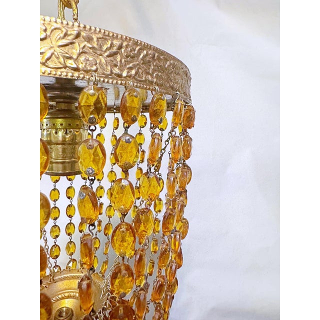 Vintage Amber Glass Beaded Basket Chandelier With Ornate Brass Frame For Sale In New York - Image 6 of 9