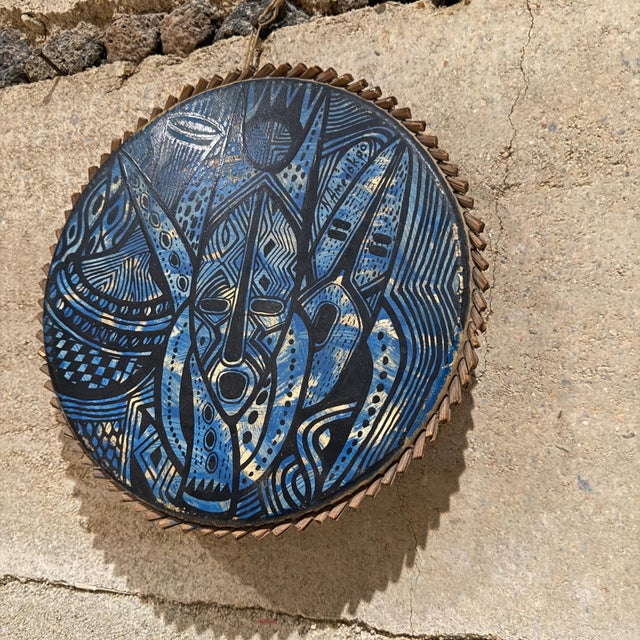 1970s Modern Pottery Art Blue Tambourine Goatskin and Wood Joseph Amedokpo For Sale - Image 4 of 7