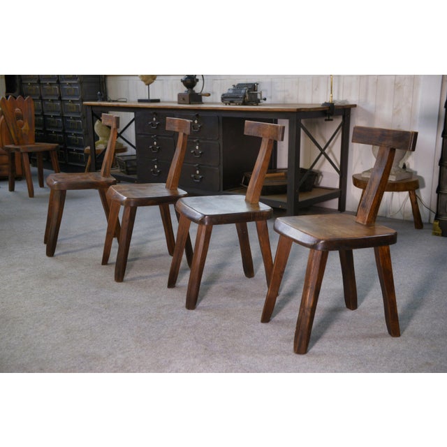 Brutalist T Chairs in Elm from Aranjou, 1960s, Set of 4 For Sale - Image 6 of 10