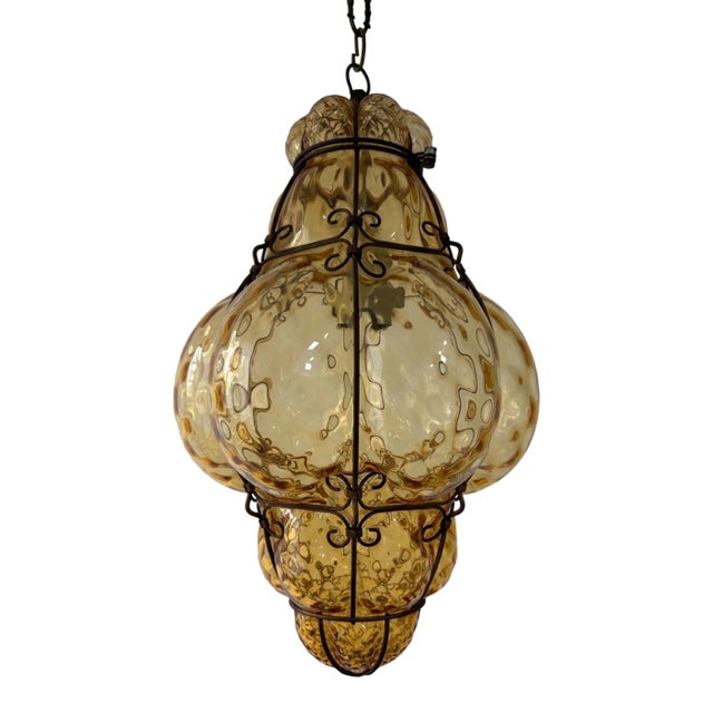 Mid-Century Seguso Murano Amber Yellow Blown Detailed Lantern Chandelier For Sale