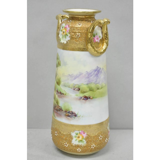 Ceramic Antique Nippon Hand Painted Lake Scene Art Nouveau Twin Handle Porcelain Vase For Sale - Image 7 of 15