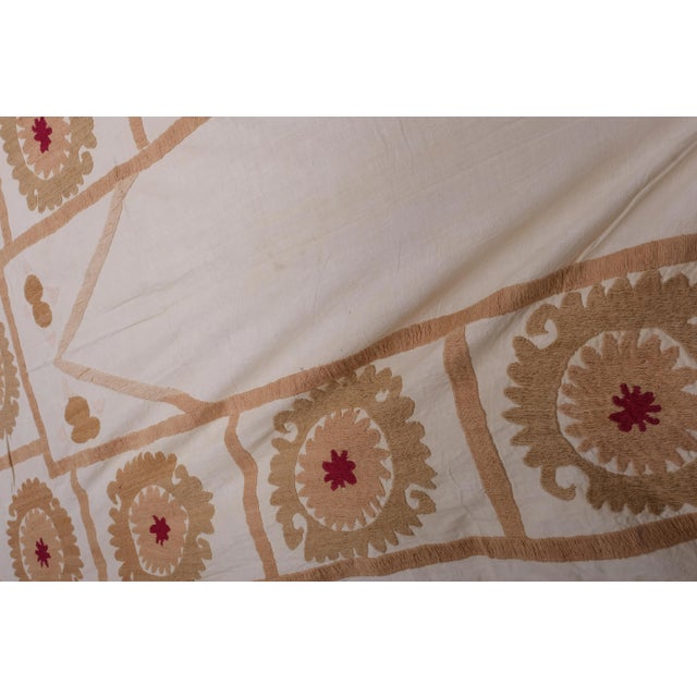 Textile Suzani White Washed Tribal Tapestry - Uzbek Table Cloth For Sale - Image 7 of 12