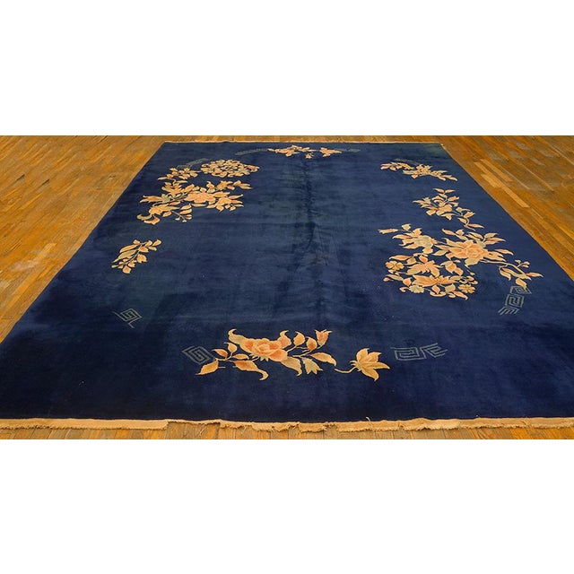 1920s Navy Blue Open Field Floral Antique Chinese Art Deco Carpet 8'10" X 11'9" Knotted Wool Rug For Sale In New York - Image 6 of 9