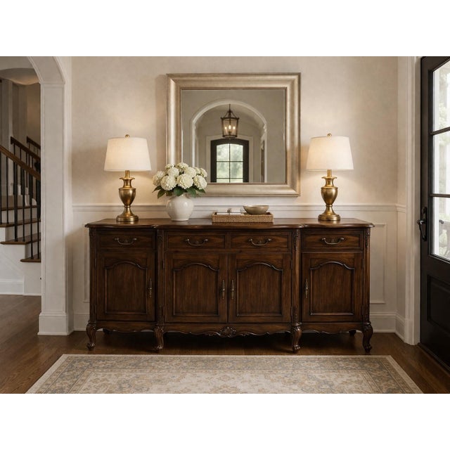 Early 20th Century Early 20th Century French Provincial Walnut Sideboard Buffet With Pull-Out Serving Slide — Carved Cabriole Legs, Original Key For Sale - Image 5 of 11