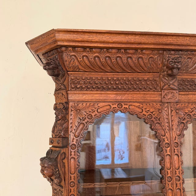Antique Neo-Renaissance Oak Bookcase with Figural Carvings, 1870 For Sale - Image 14 of 16
