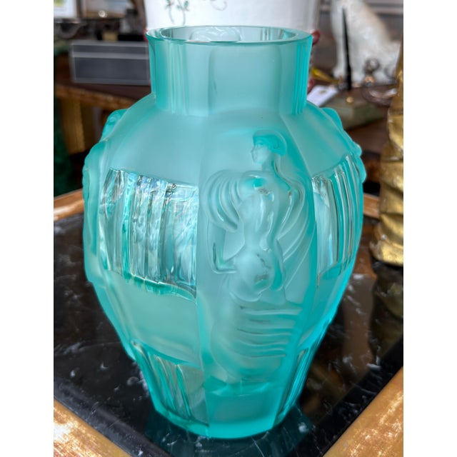1990s Art Deco Style Desna Czech Aqua Glass Vase For Sale - Image 5 of 7