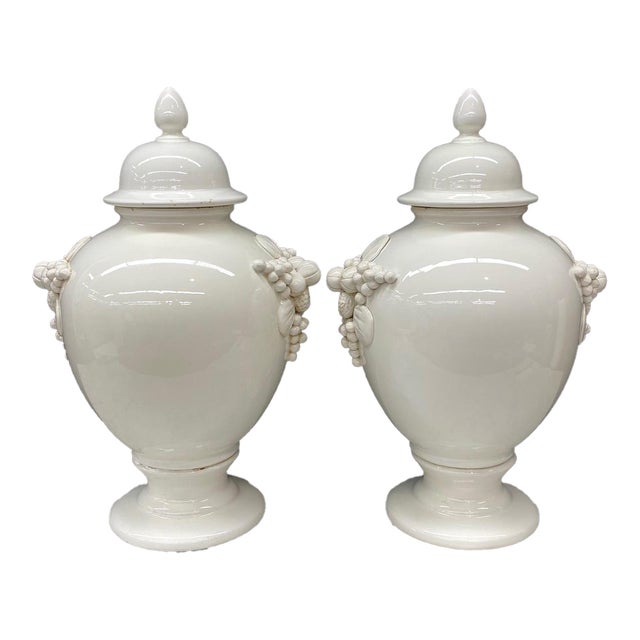 Large Antique Italian Pair of White Ceramic Apothecary Style Urn Vases -a Pair For Sale