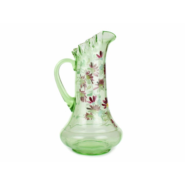 Early 20th Century Large Hand Blown Uranium Glass Pitcher With Ruffle