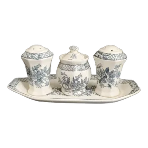 1960s Mason's Stratford Blue Condiment Set Salt Pepper Shakers Mustard Jar Tray Set- 4 Pieces
