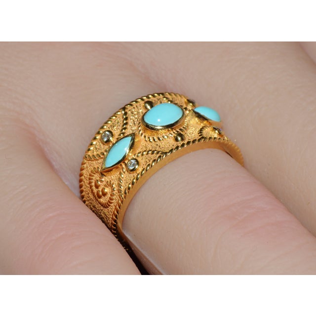 Natural Diamond Turquoise 18k Solid Gold Byzantine Beaded Greek Ring Stacking Band Ring, Size 6 For Sale - Image 11 of 14