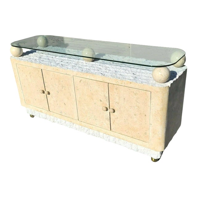 Maitland Style Postmodern Tessellated Stone Rolling Credenza Buffet Dry Bar For Sale