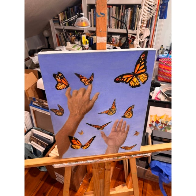 Blue Butterflies and Me by Kathleen Varadi, 2016 Oil on Canvas For Sale - Image 8 of 12