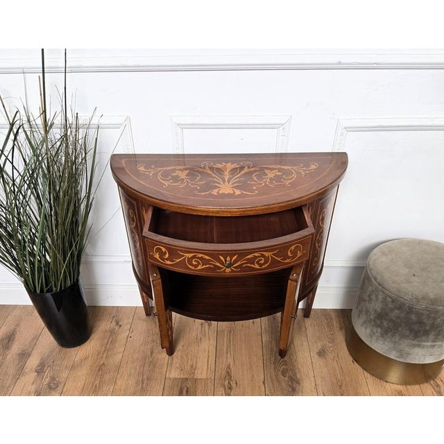 Brown Neoclassical Demi-Lune Commode in Marquetry Inlay Burl Wood, 1960s For Sale - Image 8 of 9