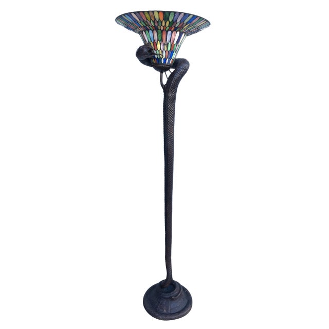 Edgar Brandt Style Bronze Snake Floor Lamp W/ Stained Glass Shade, 2 Available For Sale