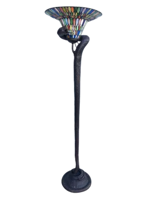 Edgar Brandt Style Bronze Snake Floor Lamp W/ Stained Glass Shade, 2 Available