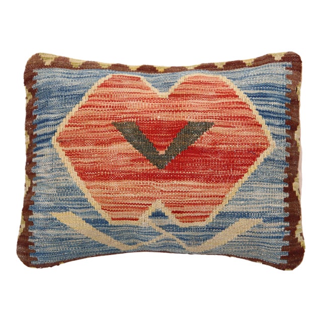 Arteverk Handwoven Afghan Kilim Lumbar Pillow — Blue & Red Diamond Medallion For Sale