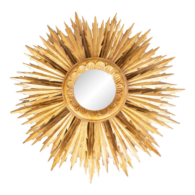 Mid-Century French Giltwood Two Tier Sunburst Mirror For Sale