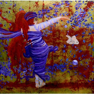 The Seer by Tammi Otis | Oil on panel Woman in flowing robes interacting with fish and petals. For Sale
