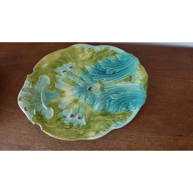 Antique Majolica Asparagus Server Set, Ceramic Drainer & Platter, French Country Kitchen, Green Glaze Serving Dish For Sale - Image 11 of 11