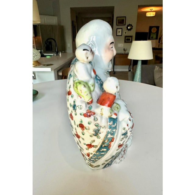 Antique Qing Chinese Famille Rose Porcelain Statue Laughing Buddha For Sale - Image 4 of 17