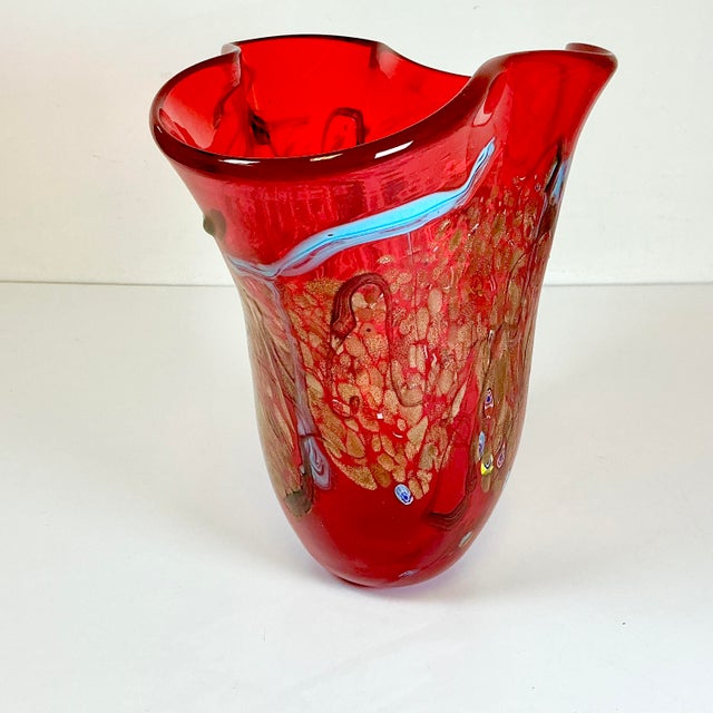 Red 1970s Vintage Italian Venetian Blown Glass Handkerchief Red Vase, Murano Style. For Sale - Image 8 of 18