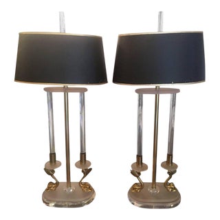 Neoclassical Brass and Lucite Koi Table Lamps - A Pair For Sale