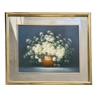 Vintage Signed K. Diana Floral Still Life Oil Painting – White Daisies in Vase For Sale