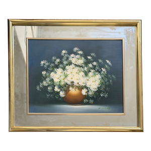 Vintage Signed K. Diana Floral Still Life Oil Painting – White Daisies in Vase