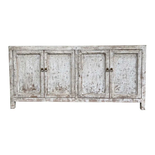 Reclaimed Elm & Pine Wood Cabinet in Distressed White With 4 Doors For Sale - Image 10 of 10