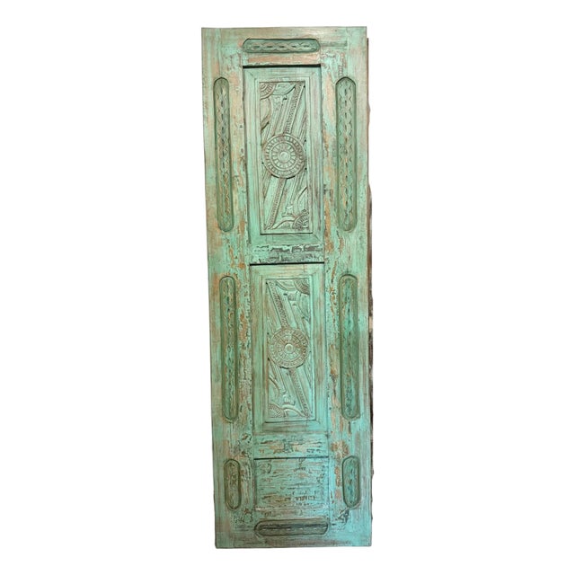 Vintage Green Floral Carved Wood Door – Antique Indian Sliding Barn Door Statement Panel 96x29.5 For Sale