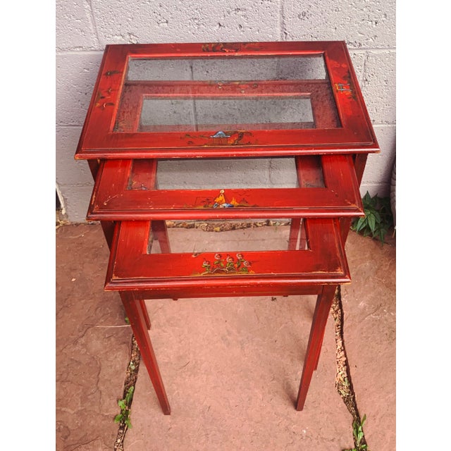 Japanese Red Lacquer and Glass Nesting Tables Set of 3 Chairish