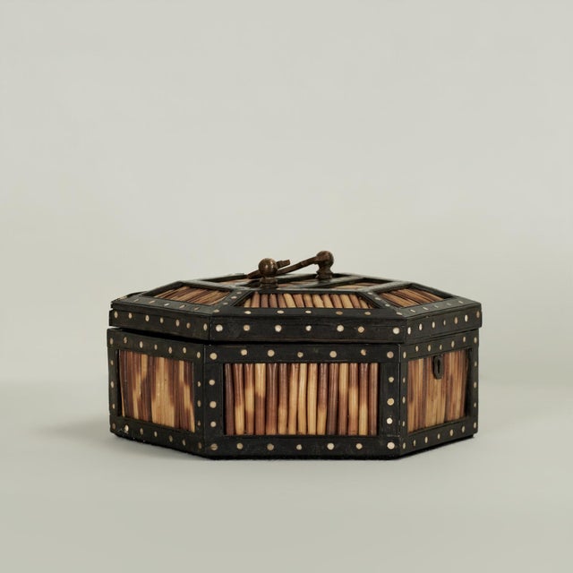 Intriguing antique Anglo Indian lidded box handcrafted in porcupine quills and ebony in a hexagon form decorated with bone...
