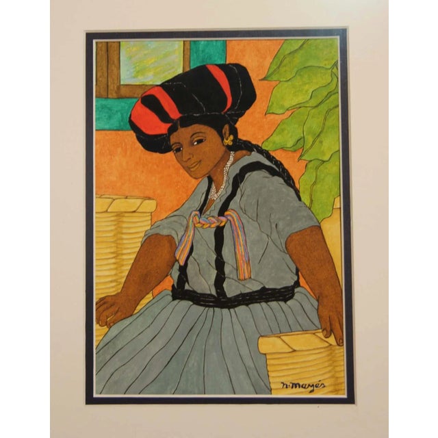 Nadine Mayes Colorful Watercolor Portrait of Seated Female in Blue Dress and Black + Red Hat 1990s For Sale - Image 4 of 12