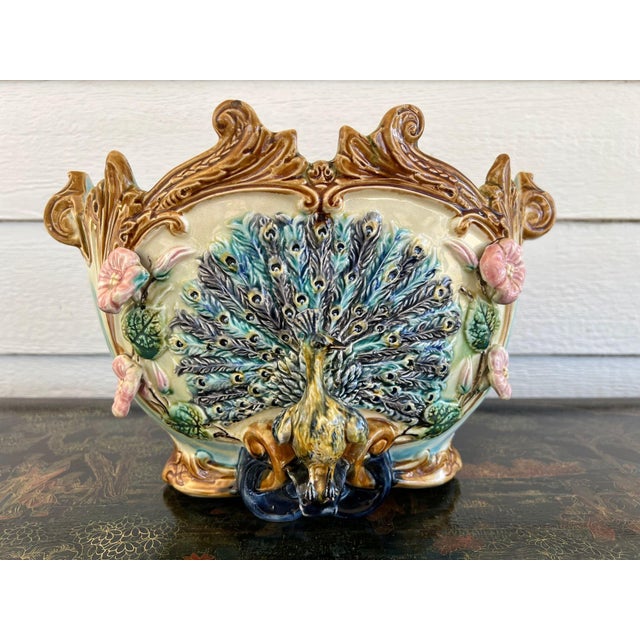 Antique French Majolica Jardinière Planter Peacock Onnaing Large Cache Pot c1880. Direct from France, an extraordinary...
