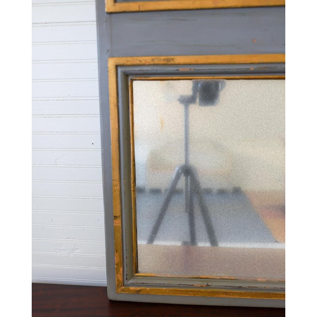 Antique Trumeau Style Gray Painted Wall Mirror With Gold Leaf For Sale - Image 10 of 12
