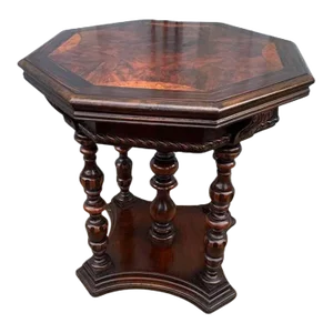 Antique Renaissance Style Octagonal Burled Wood Walnut Side Table