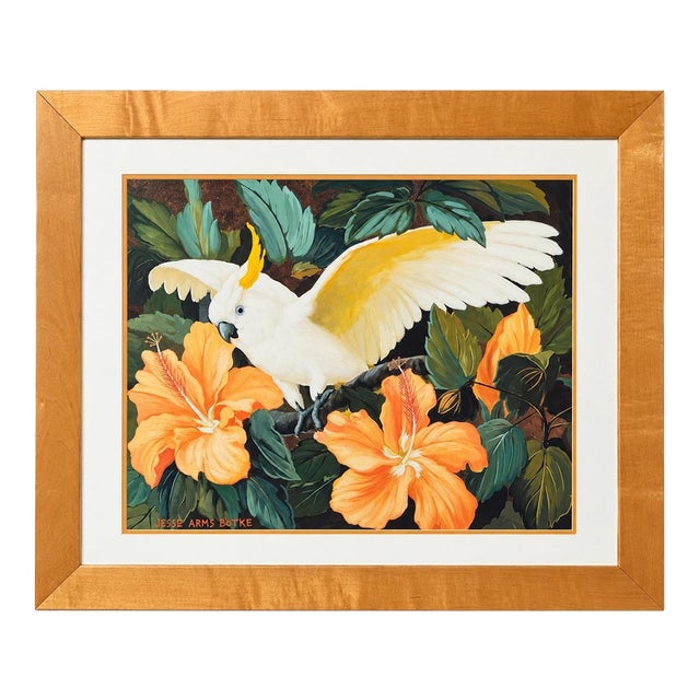 Jesse Arms Botke Tropical Cockatoo & Hibiscus Floral Artwork For Sale