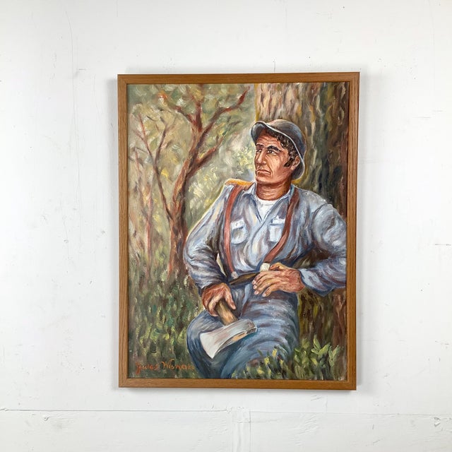 Brown Mid-Century Figurative Oil Painting of Woodsman by Jules Wisneski For Sale - Image 8 of 12