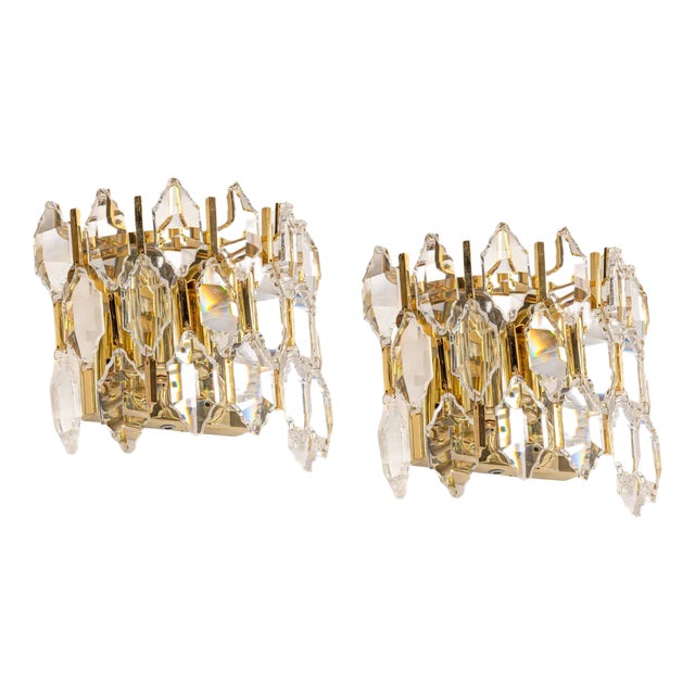 Golden Gilded Brass & Crystal Sconces from Palwa, Germany, 1970s, Set of 2 For Sale