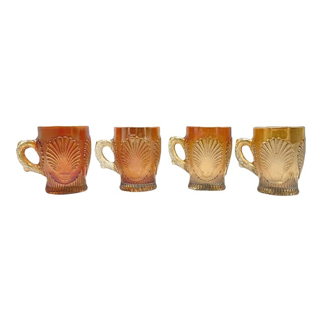 1910s Dugan Diamond Beaded Shell Carnival Marigold Glass Mugs W/ Handles - Set of 4 For Sale