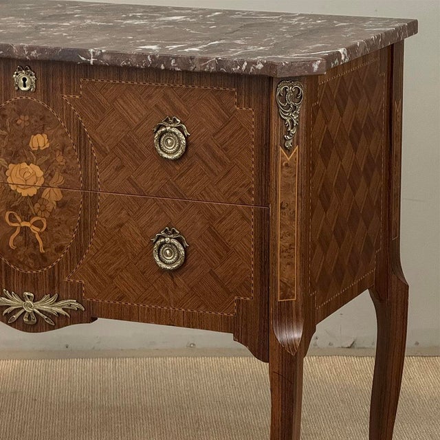 Wood Antique French Louis XVI Style Marquetry Marble Top Commode For Sale - Image 7 of 18