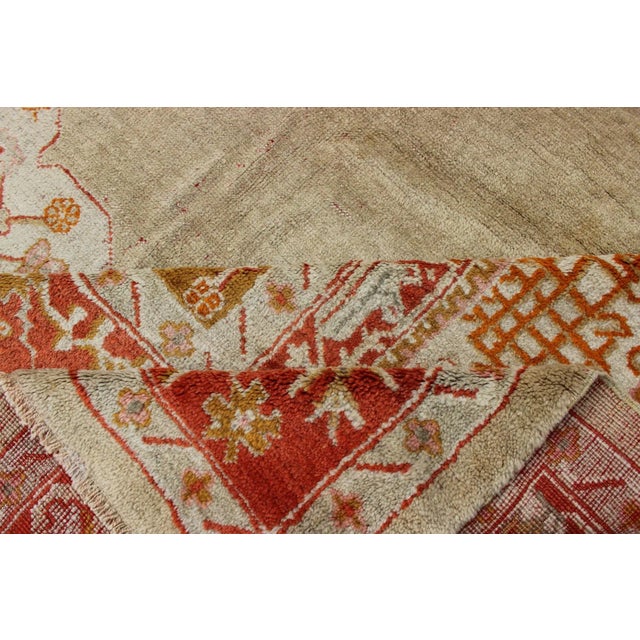 Large Antique Oushak Rug in Taupe / Light Green Background and Red Border For Sale - Image 11 of 12