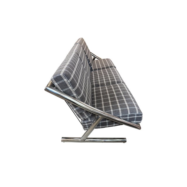 1970s Mid Century Chrome Sofa by Italian Designer Plato Ginello, With Pollack Wool Plaid Fabric For Sale - Image 5 of 12