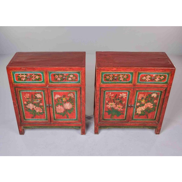 Pair of 19th Century Chinese Gansu Red-Painted Cabinets With Polychrome Floral Decoration For Sale - Image 4 of 13