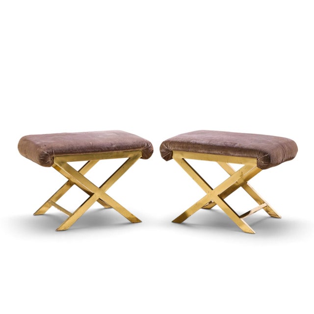 Mid-Century Modern Warren Lloyd for Weiman Mid Century Brass X Base Stools - Pair For Sale - Image 3 of 12