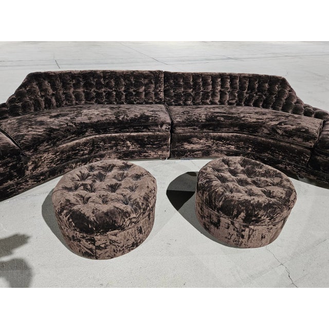 1960s Hollywood Regency Tufted 2-Piece Curved Sectional Sofa & 2 Ottomans Brown For Sale - Image 10 of 12