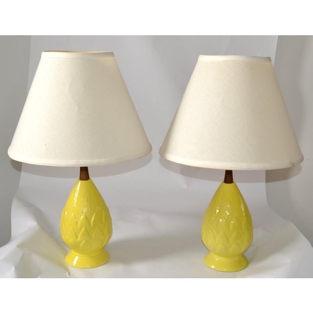1970s Pair, Vintage Eames Era Ceramic Pineapple Shape Walnut Neck Table Lamps & Shades For Sale - Image 12 of 12